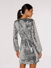 Apricot Silver Sequin Puff Sleeve Tie Waist Dress - Image 2 of 4