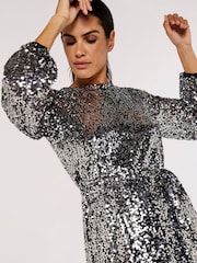 Apricot Silver Sequin Puff Sleeve Tie Waist Dress - Image 3 of 4