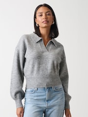 Pretty Lavish Grey Cruz Balloon Sleeve Collared Crop Jumper - Image 1 of 3