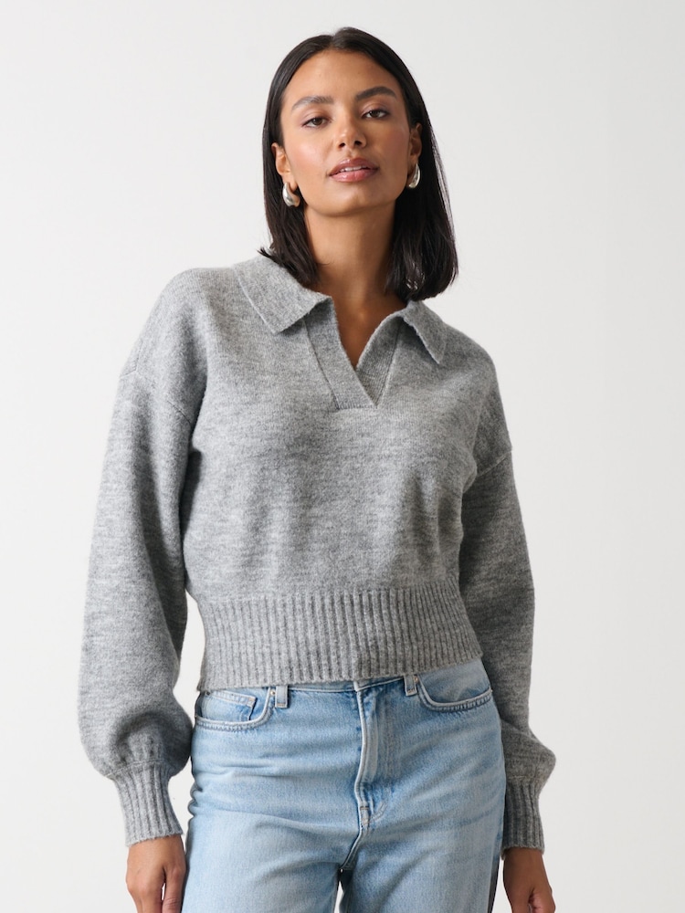 Pretty Lavish Grey Cruz Balloon Sleeve Collared Crop Jumper - Image 1 of 3 Pretty Lavish Grey Cruz Balloon Sleeve Collared Crop Jumper - Image 1 of 3
