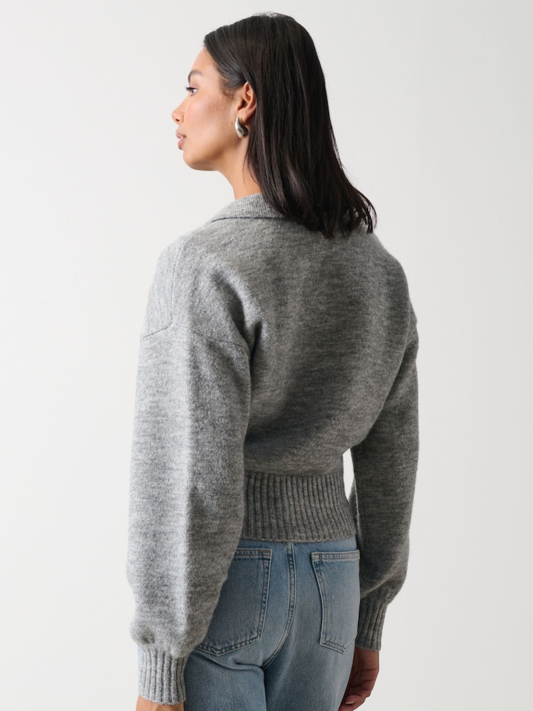 Pretty Lavish Grey Cruz Balloon Sleeve Collared Crop Jumper - Image 2 of 3