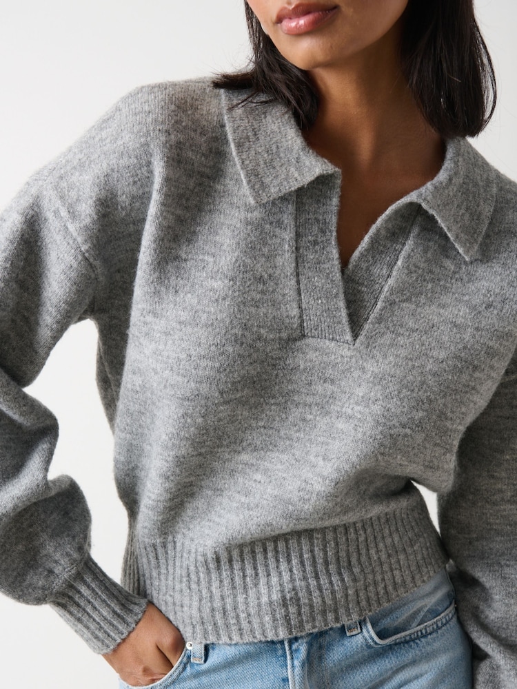 Pretty Lavish Grey Cruz Balloon Sleeve Collared Crop Jumper - Image 3 of 3 Pretty Lavish Grey Cruz Balloon Sleeve Collared Crop Jumper - Image 3 of 3