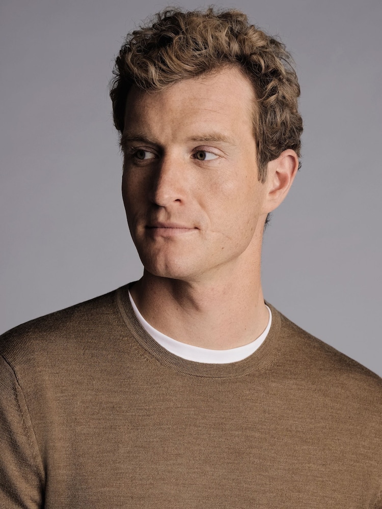 Charles Tyrwhitt Beige Brown Pure Merino Quarter Zip Jumper - Image 2 of 5