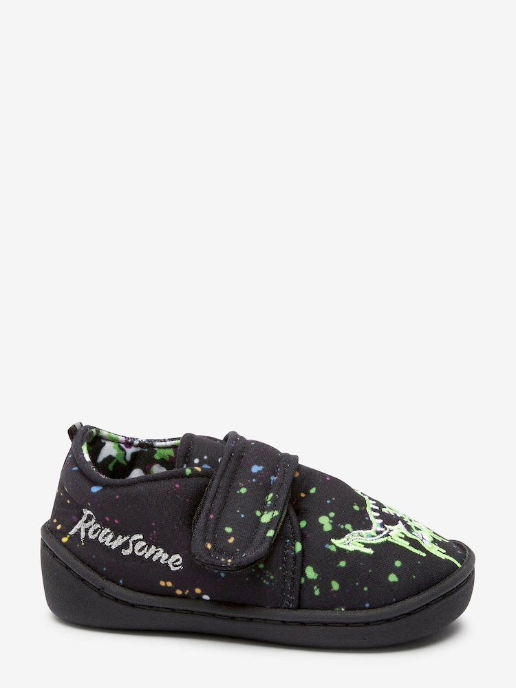 Black Dinosaur Splat Touch Fastening Cupsole Slippers - Image 1 of 4