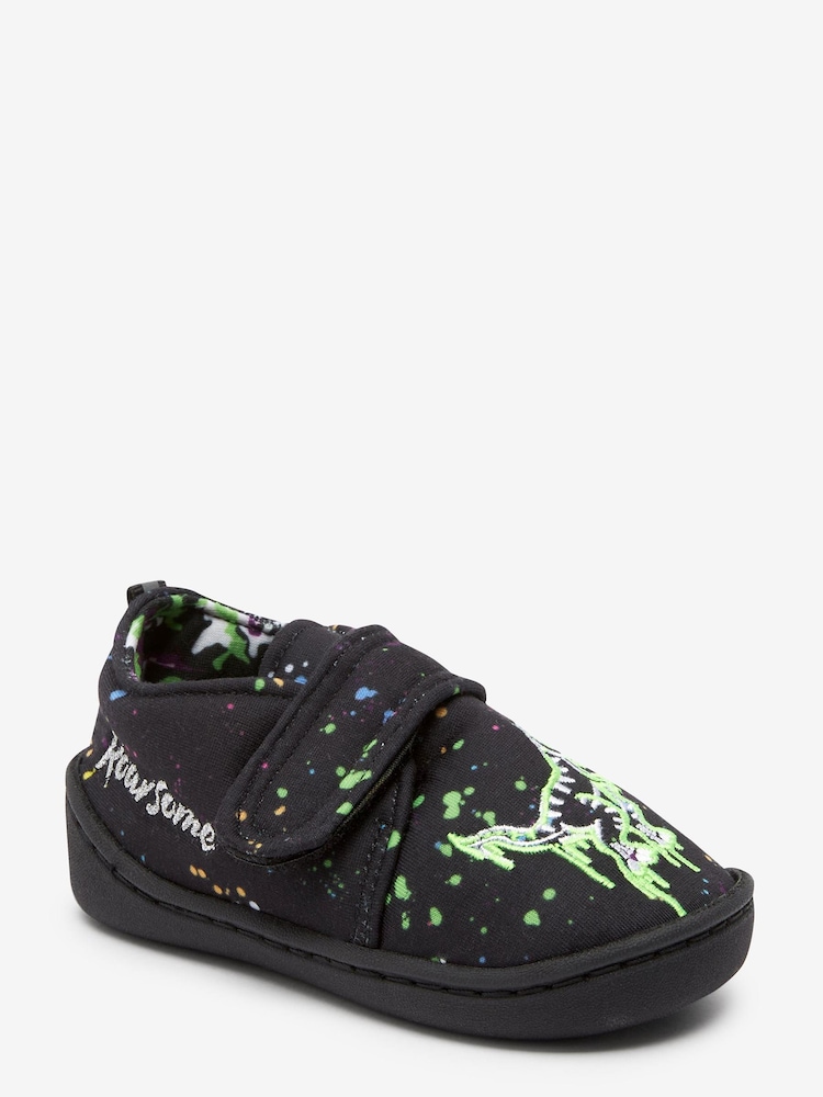 Black Dinosaur Splat Touch Fastening Cupsole Slippers - Image 2 of 4