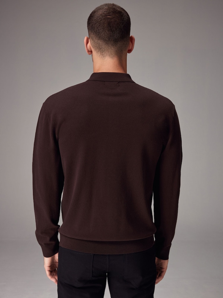 Brown Chocolate Regular Fit Knitted Long Sleeve Polo Shirt - Image 3 of 8