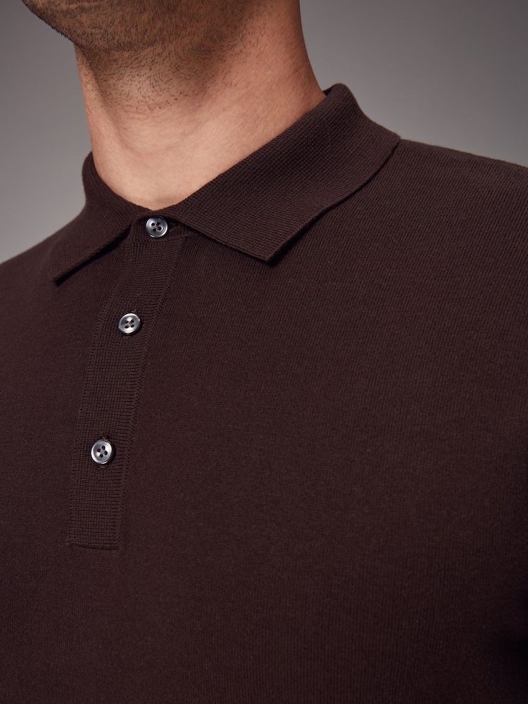Brown Chocolate Regular Fit Knitted Long Sleeve Polo Shirt - Image 4 of 8