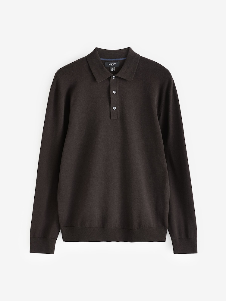 Brown Chocolate Regular Fit Knitted Long Sleeve Polo Shirt - Image 6 of 8