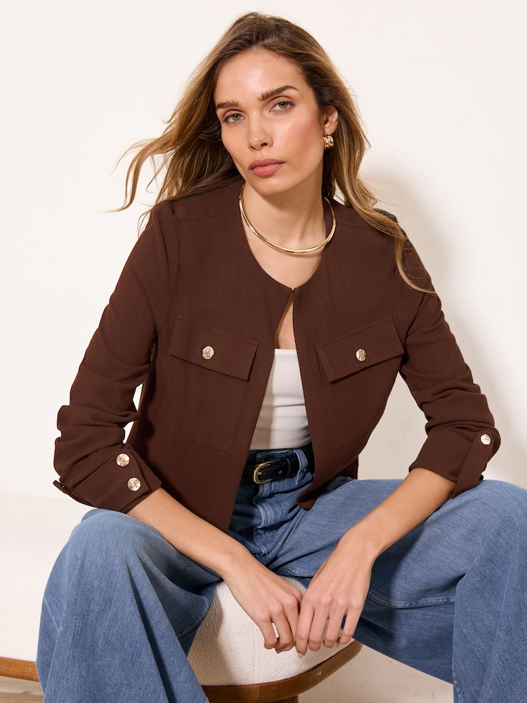 Lipsy Chocolate Brown Linen Blend Utility Crop Jacket - Image 1 of 4 Lipsy Chocolate Brown Linen Blend Utility Crop Jacket - Image 1 of 4