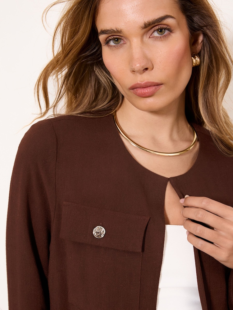 Lipsy Chocolate Brown Linen Blend Utility Crop Jacket - Image 2 of 4 Lipsy Chocolate Brown Linen Blend Utility Crop Jacket - Image 2 of 4