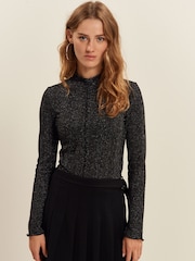 Black Cosy Rib Sparkle High Neck Long Sleeve Top - Image 1 of 7