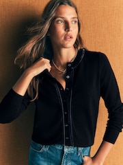 Boden Black Violet Velvet Trim Cardigan - Image 1 of 6