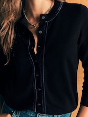 Boden Black Violet Velvet Trim Cardigan - Image 2 of 6