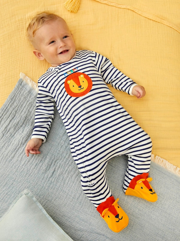 JoJo Maman Bébé Cream Lion Appliqué Zip Cotton Baby Sleepsuit - Image 1 of 6 JoJo Maman Bébé Cream Lion Appliqué Zip Cotton Baby Sleepsuit - Image 1 of 6