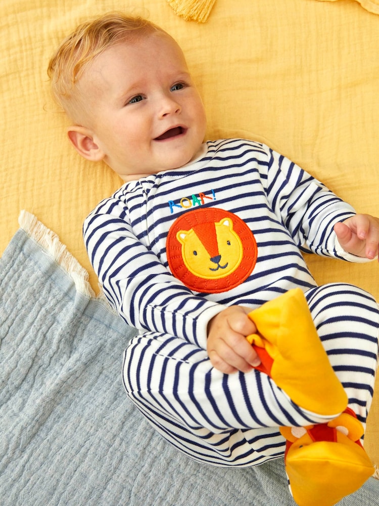 JoJo Maman Bébé Cream Lion Appliqué Zip Cotton Baby Sleepsuit - Image 2 of 6