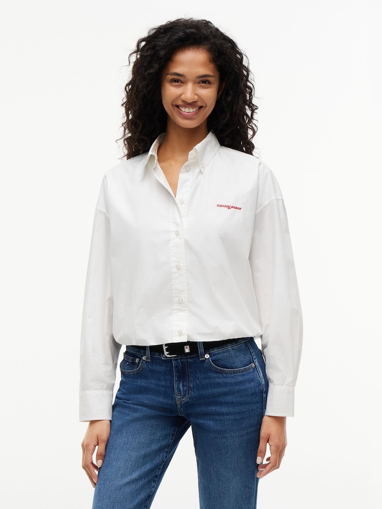Tommy Jeans Natural Oversized Fit Cropped Gathered Poplin Shirt - Image 1 of 5 Tommy Jeans Natural Oversized Fit Cropped Gathered Poplin Shirt - Image 1 of 5