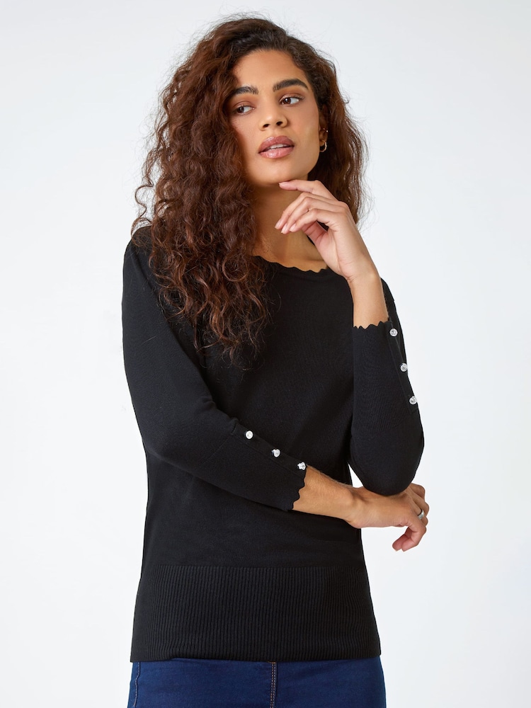 Roman Black Diamante Button Detail Scallop Jumper - Image 1 of 5