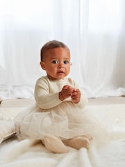 Cream/Gold Sparkle Baby Knitted Mesh Tutu Dress (0mths-2yrs) - Image 1 of 8