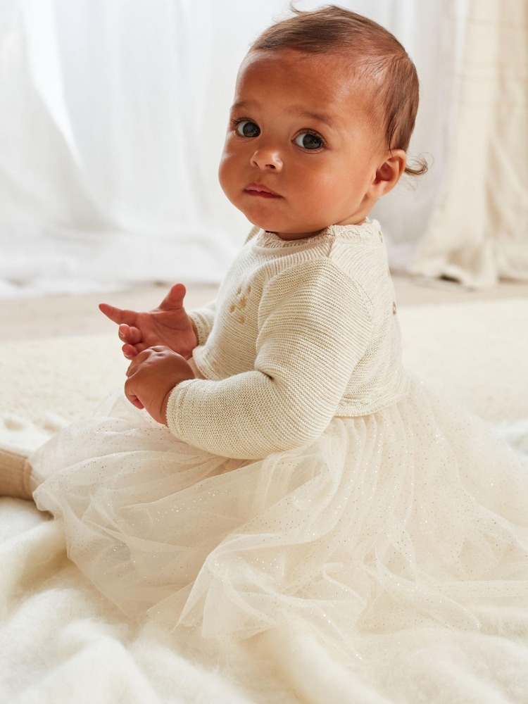 Cream/Gold Sparkle Baby Knitted Mesh Tutu Dress (0mths-2yrs) - Image 2 of 8