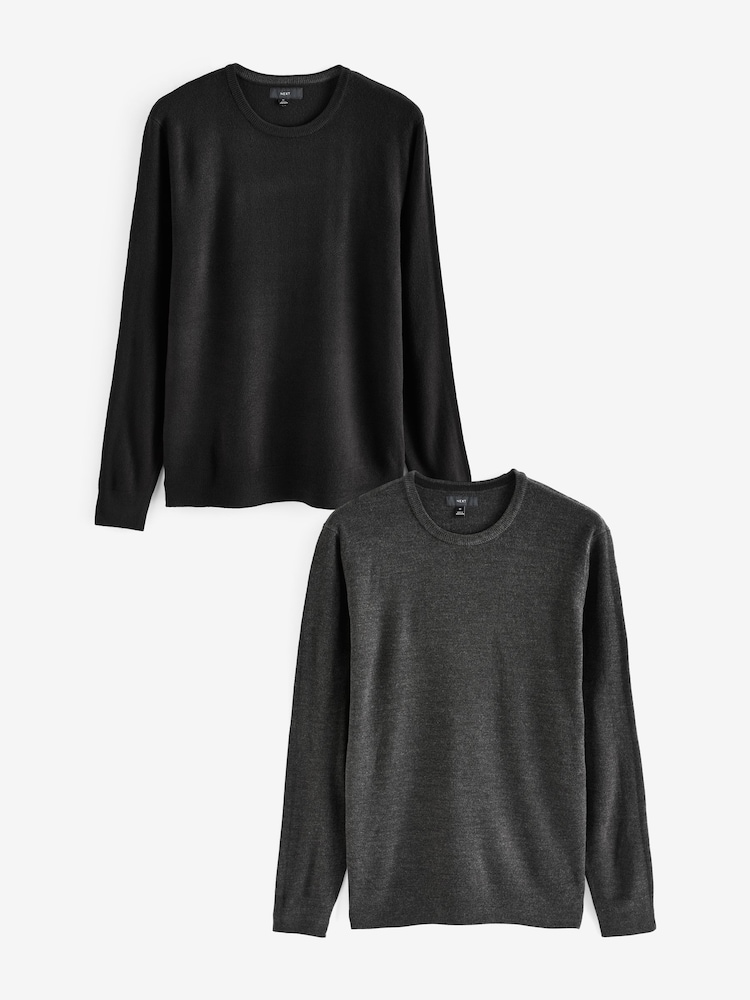 Black/Grey Crew Neck Regular Fit Soft Touch Jumpers 2 Pack - Image 1 of 11