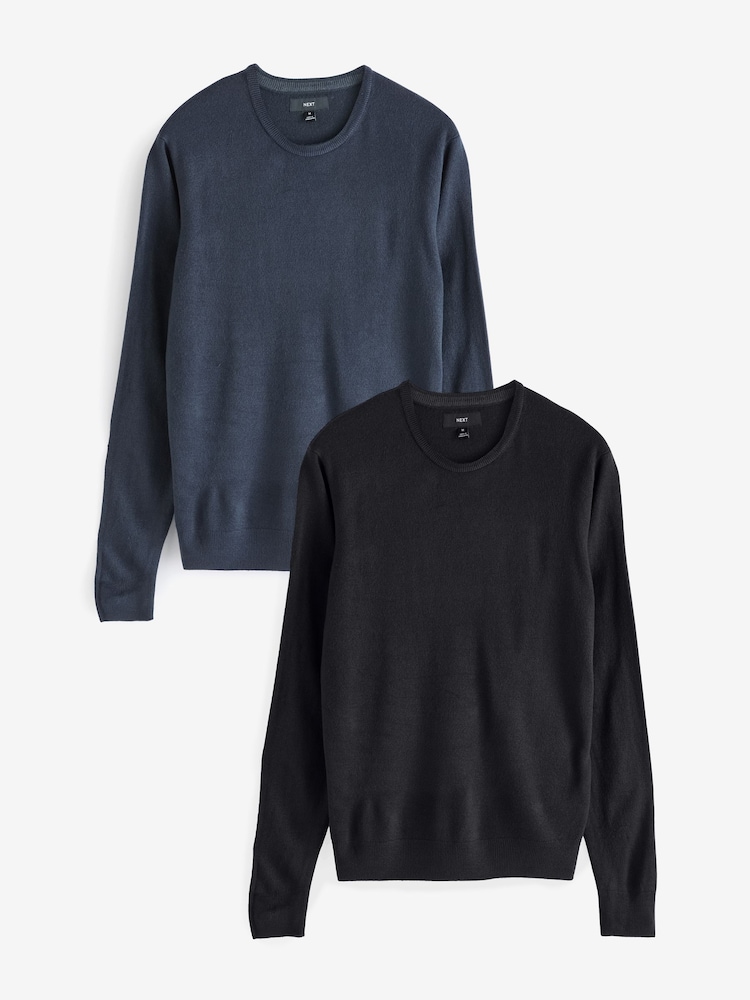 Marineblau/Schwarz - Rundhalsausschnitt - Weiche Pullover in normaler Passform im 2er-Pack - Bild 1 von 9 Marineblau/Schwarz - Rundhalsausschnitt - Weiche Pullover in normaler Passform im 2er-Pack - Bild 1 von 9