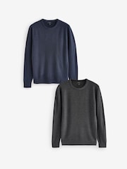 Navy Blue/Charcoal Grey Crew Neck Regular Fit Soft Touch Jumpers 2 Pack - Image 1 of 10