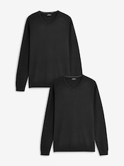 Black V-Neck Regular Fit Soft Touch Jumpers 2 Pack - Image 1 of 6