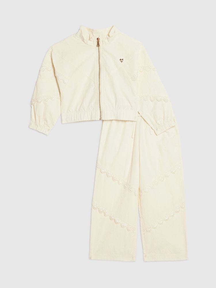 River Island Cream Lace Bomber Jacket & Joggers Set - Image 1 of 5 River Island Cream Lace Bomber Jacket & Joggers Set - Image 1 of 5