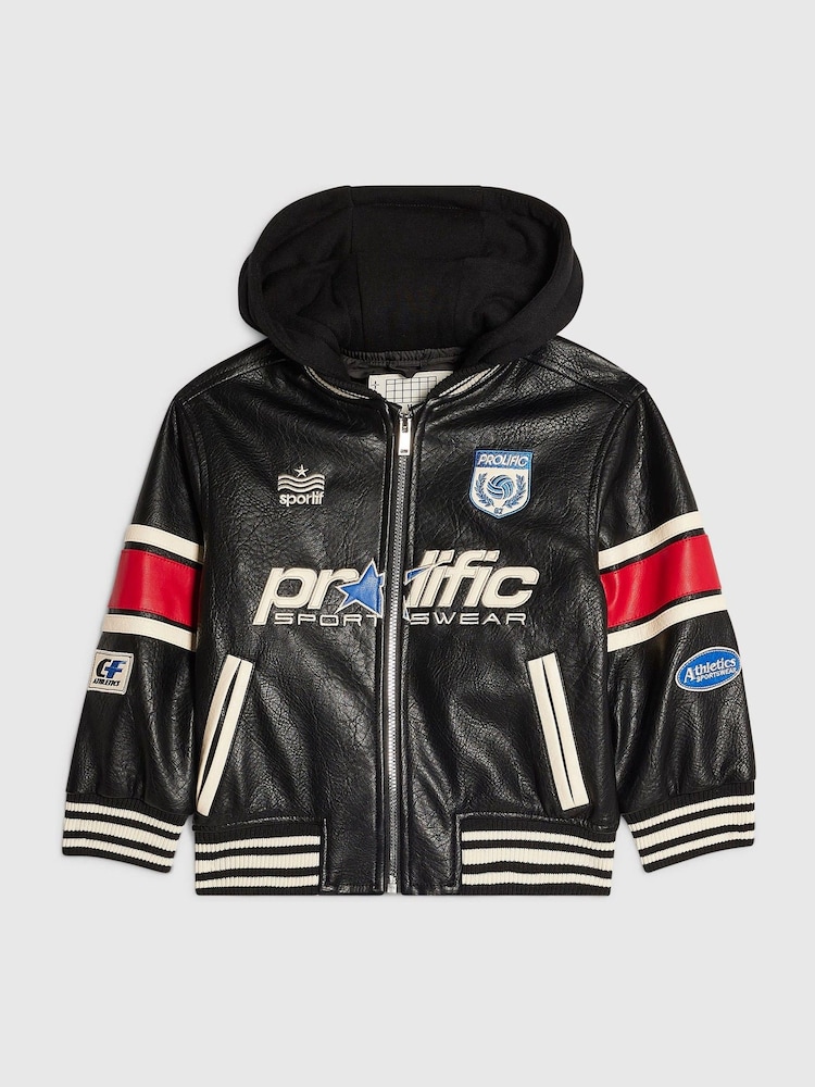 River Island Black PU Badge Varsity Bomber Jacket - Image 1 of 4