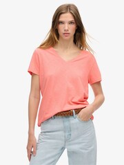 Superdry Peach Amber Pink Studios Slub Emb Vee 100% Cotton T-Shirt - Image 1 of 5