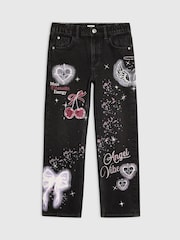River Island Black Angel Graffiti Straight Leg Jeans - Image 1 of 4