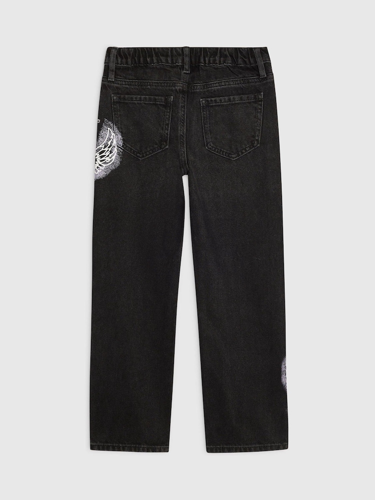 River Island Black Angel Graffiti Straight Leg Jeans - Image 2 of 4