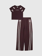 River Island Dark Purple Bow Top & Wide Leg Joggers Set - Image 1 of 5