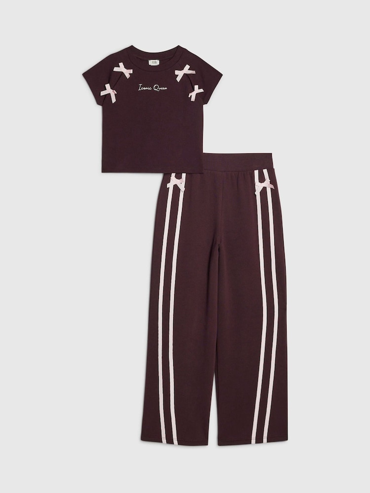 River Island Dark Purple Bow Top & Wide Leg Joggers Set - Image 1 of 5 River Island Dark Purple Bow Top & Wide Leg Joggers Set - Image 1 of 5