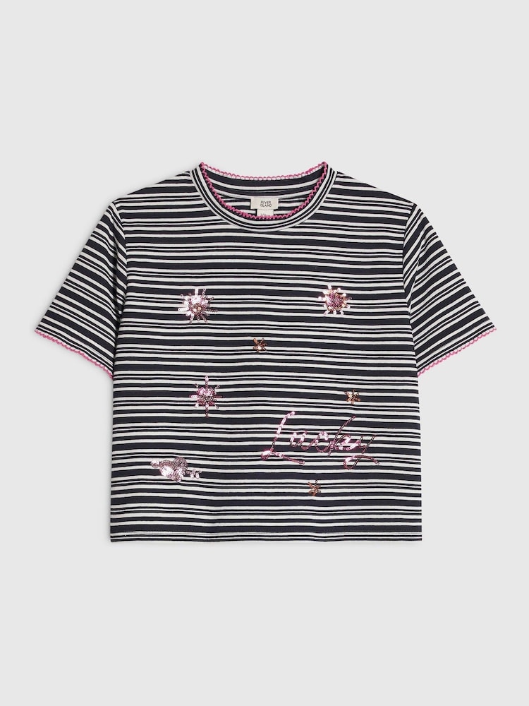 River Island Blue Stripe Embellished T-Shirt - Image 1 of 3 River Island Blue Stripe Embellished T-Shirt - Image 1 of 3