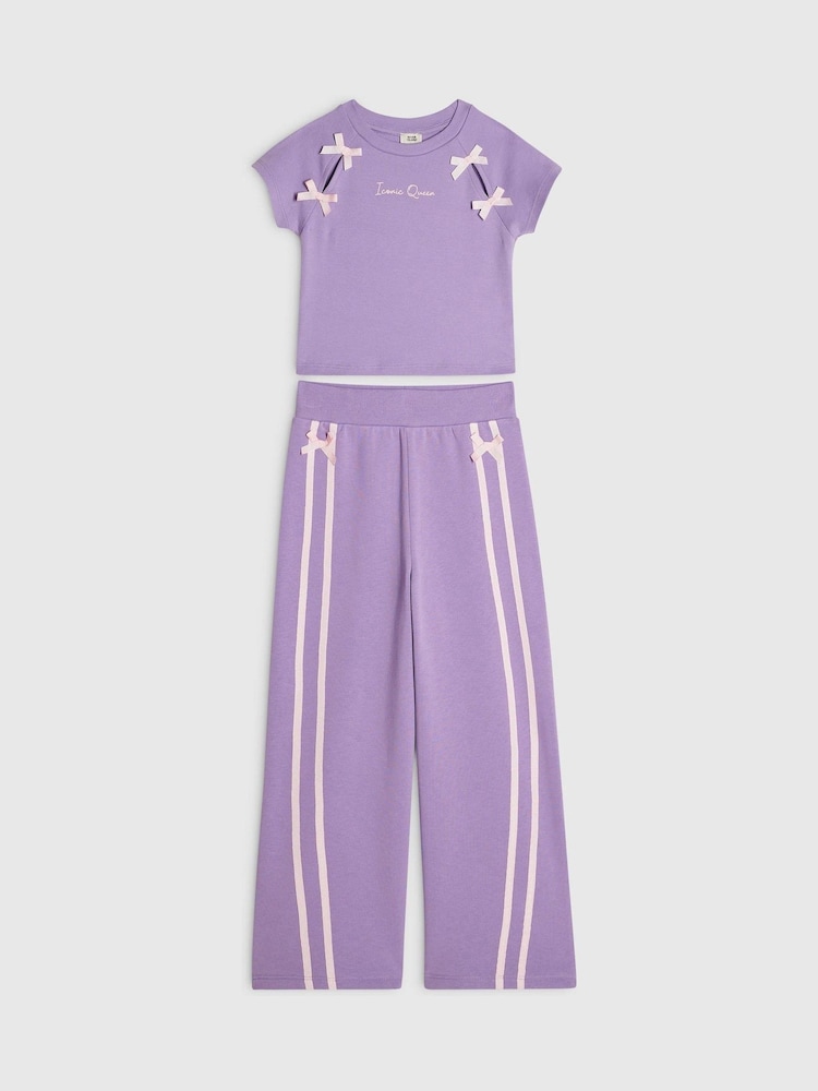 River Island Purple Bow Top & Wide Leg Joggers Set - Image 1 of 4