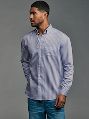 Light Blue EDIT Relaxed Fit 100% Cotton Single Cuff Striped Oxford Shirt - Image 1 of 8