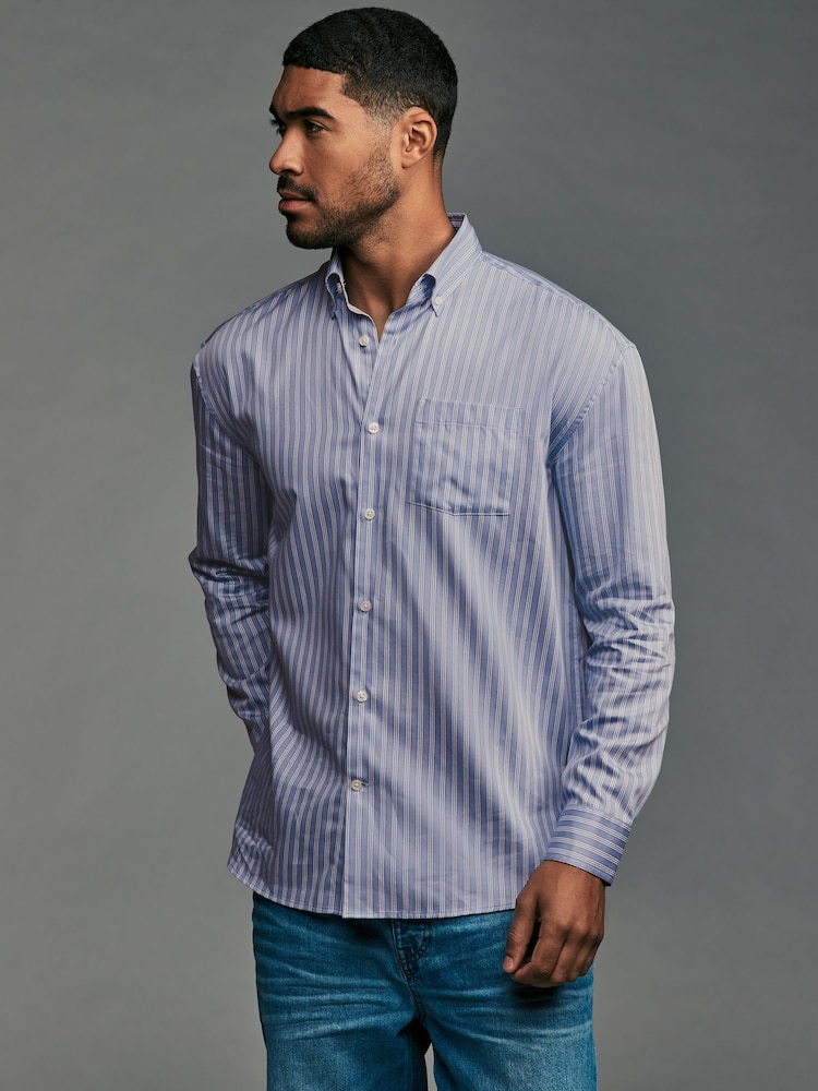 Light Blue EDIT Relaxed Fit 100% Cotton Single Cuff Striped Oxford Shirt - Image 1 of 8 Light Blue EDIT Relaxed Fit 100% Cotton Single Cuff Striped Oxford Shirt - Image 1 of 8