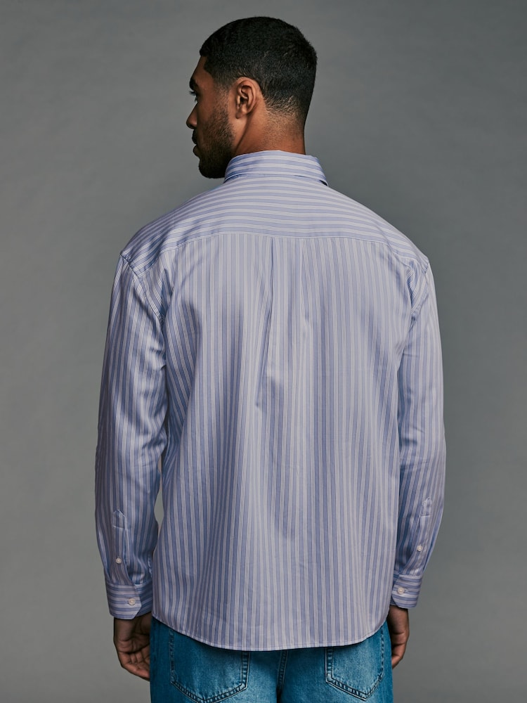 Light Blue EDIT Relaxed Fit 100% Cotton Single Cuff Striped Oxford Shirt - Image 2 of 8