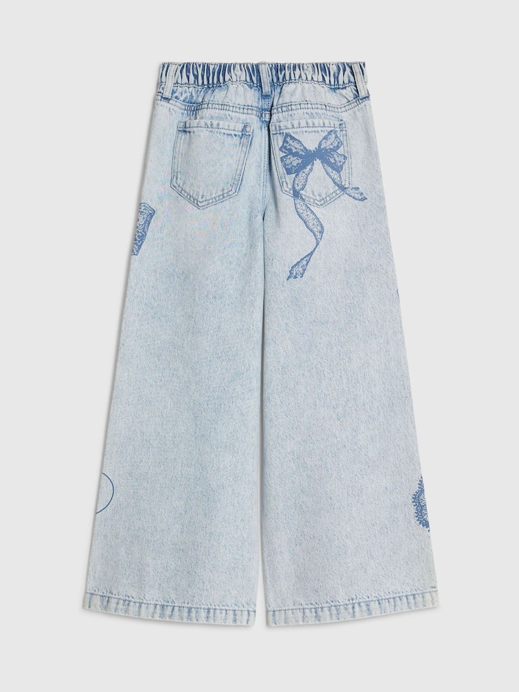 River Island Bow Həkk olunmuş Geniş Ayaqlı Cins Şalvar - 4şəkildən 2 şəkil