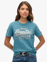 Superdry Teal Blue Embellished VL Graphic 100% Cotton T-Shirt - Image 1 of 5