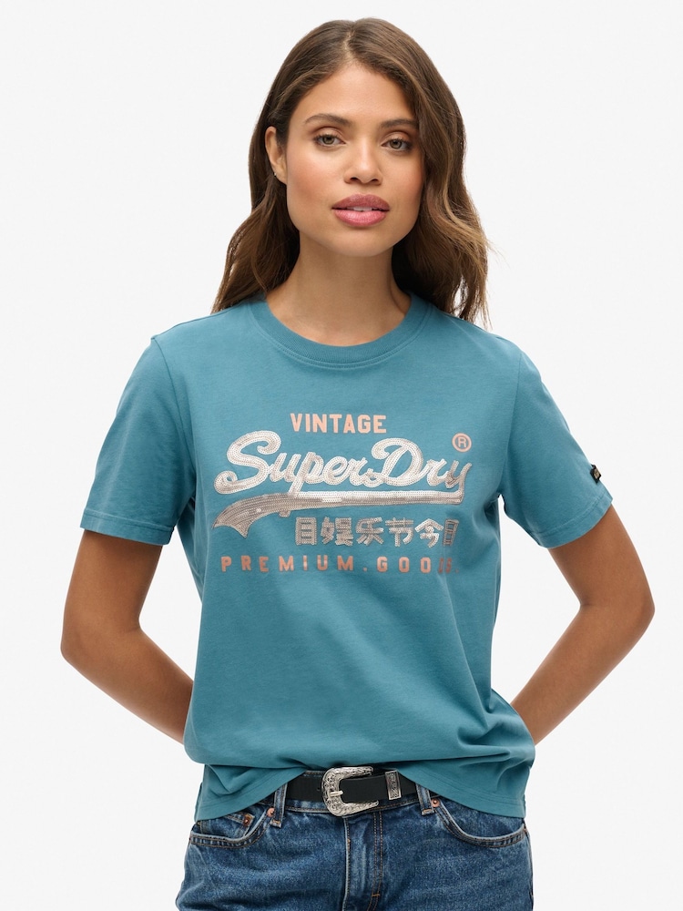 Superdry Teal Blue Embellished VL Graphic 100% Cotton T-Shirt - Image 1 of 5