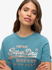 Superdry Teal Blue Embellished VL Graphic 100% Cotton T-Shirt - Image 2 of 5