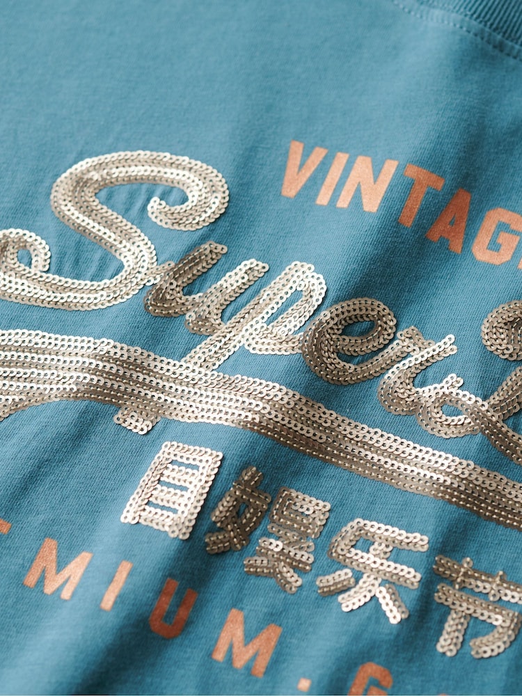 Superdry Teal Blue Embellished VL Graphic 100% Cotton T-Shirt - Image 5 of 5