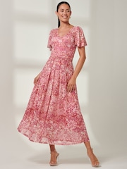 Jolie Moi Red Bianca V-Neck Pleated Mesh Maxi Dress - Image 1 of 6