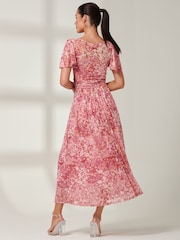 Jolie Moi Red Bianca V-Neck Pleated Mesh Maxi Dress - Image 2 of 6
