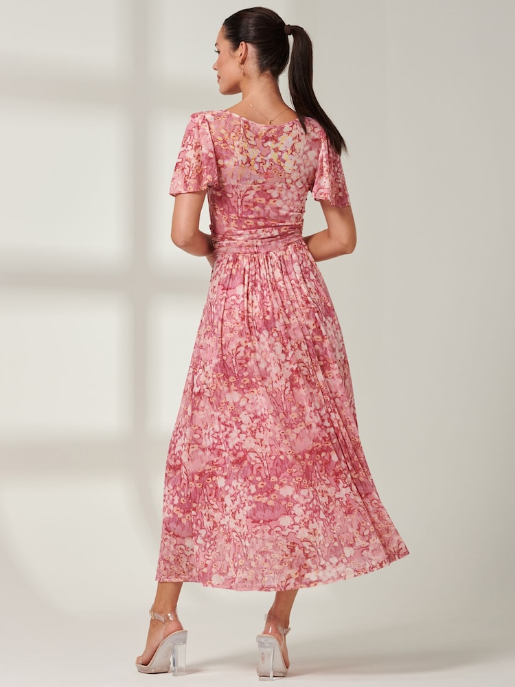Jolie Moi Red Bianca V-Neck Pleated Mesh Maxi Dress - Image 2 of 6