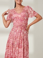 Jolie Moi Red Bianca V-Neck Pleated Mesh Maxi Dress - Image 3 of 6