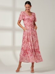 Jolie Moi Red Bianca V-Neck Pleated Mesh Maxi Dress - Image 4 of 6