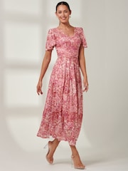 Jolie Moi Red Bianca V-Neck Pleated Mesh Maxi Dress - Image 5 of 6